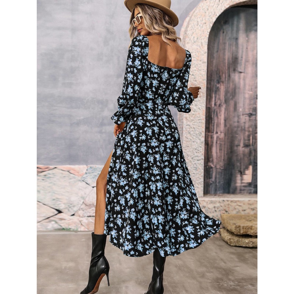 Blue white Floral Print Flounce long Sleeve Knotted Split Thigh midi Dress - Picture 9 of 11